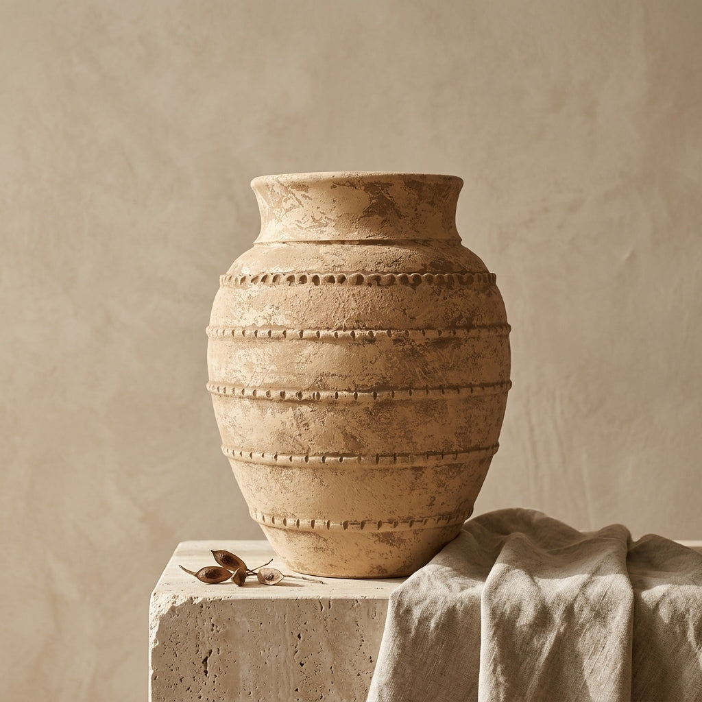 Vase rustique en terre cuite marron aux tons naturels avec bandes décoratives en relief texturées