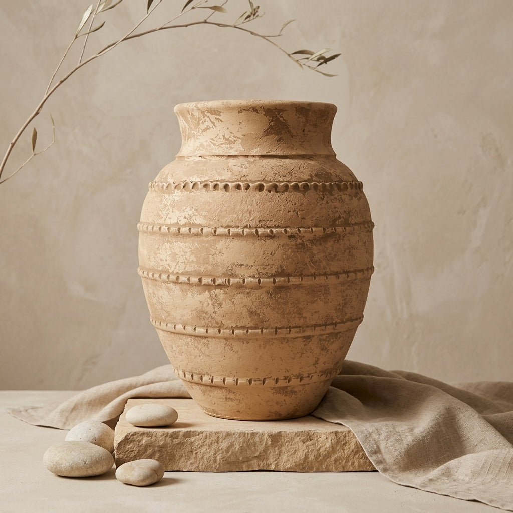 Vase rustique en terre cuite marron aux tons naturels avec bandes décoratives en relief texturées