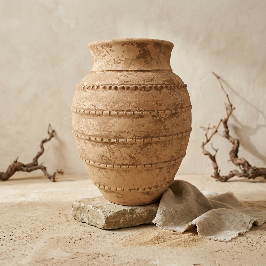 Vase rustique en terre cuite marron aux tons naturels avec bandes décoratives en relief texturées