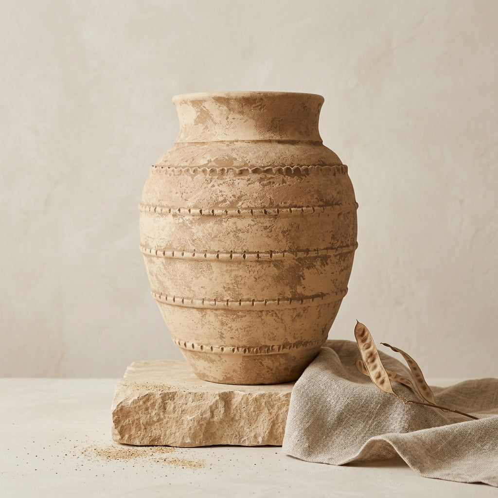 Rustic Earthy Brown Terracotta Vase with Raised Textured Decorative Bands