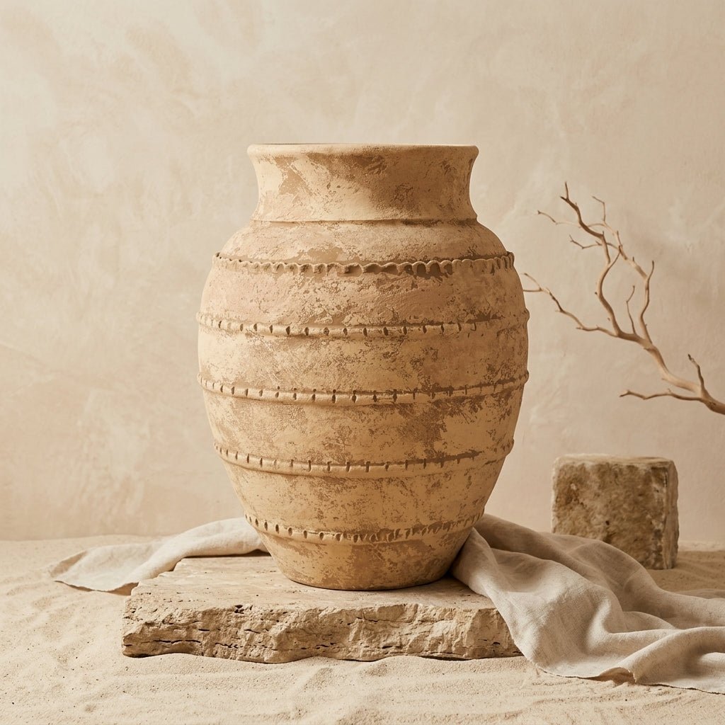 Vase rustique en terre cuite marron aux tons naturels avec bandes décoratives en relief texturées