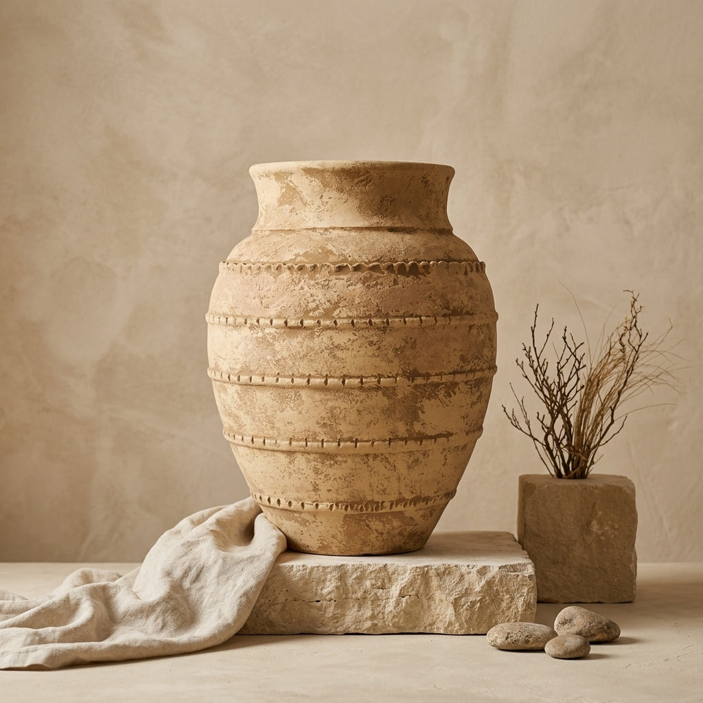 Rustic Earthy Brown Terracotta Vase with Raised Textured Decorative Bands