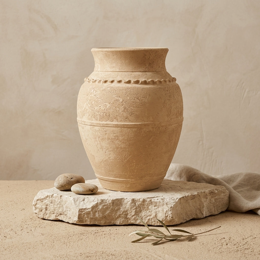 Vaso rustico in terracotta beige con finitura materica e dettagli in rilievo