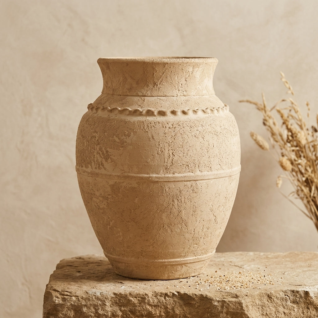 Vaso rustico in terracotta beige con finitura materica e dettagli in rilievo
