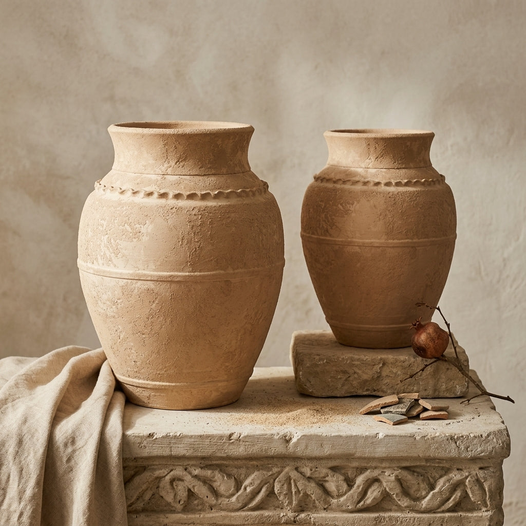 Vaso rustico in terracotta beige con finitura materica e dettagli in rilievo