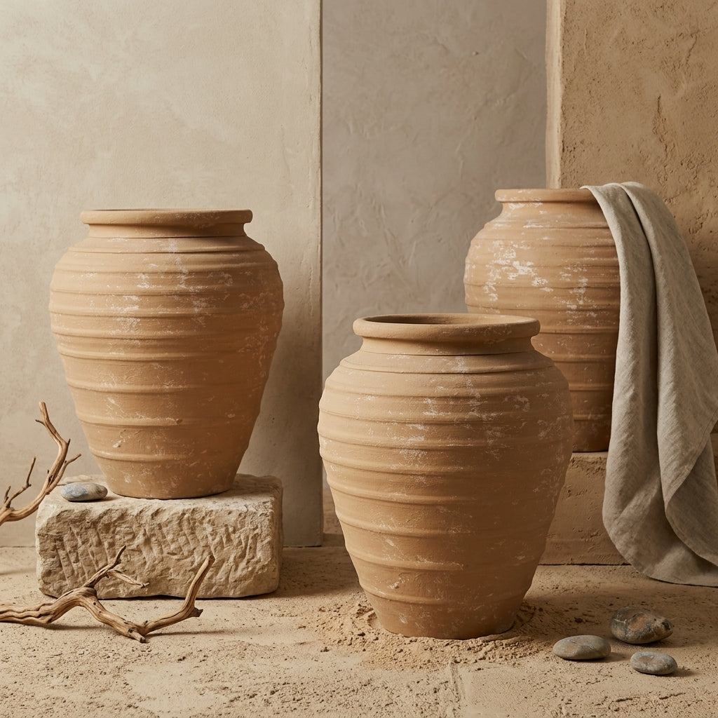 Rustikale dekorative Terrakotta-Vase in Karamellfarbe mit abgerundeter Silhouette und Rillen