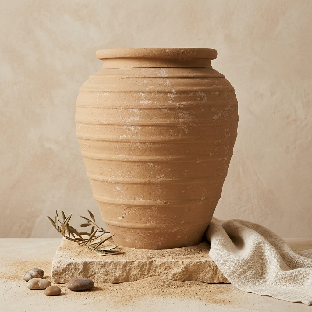 Rustikale dekorative Terrakotta-Vase in Karamellfarbe mit abgerundeter Silhouette und Rillen
