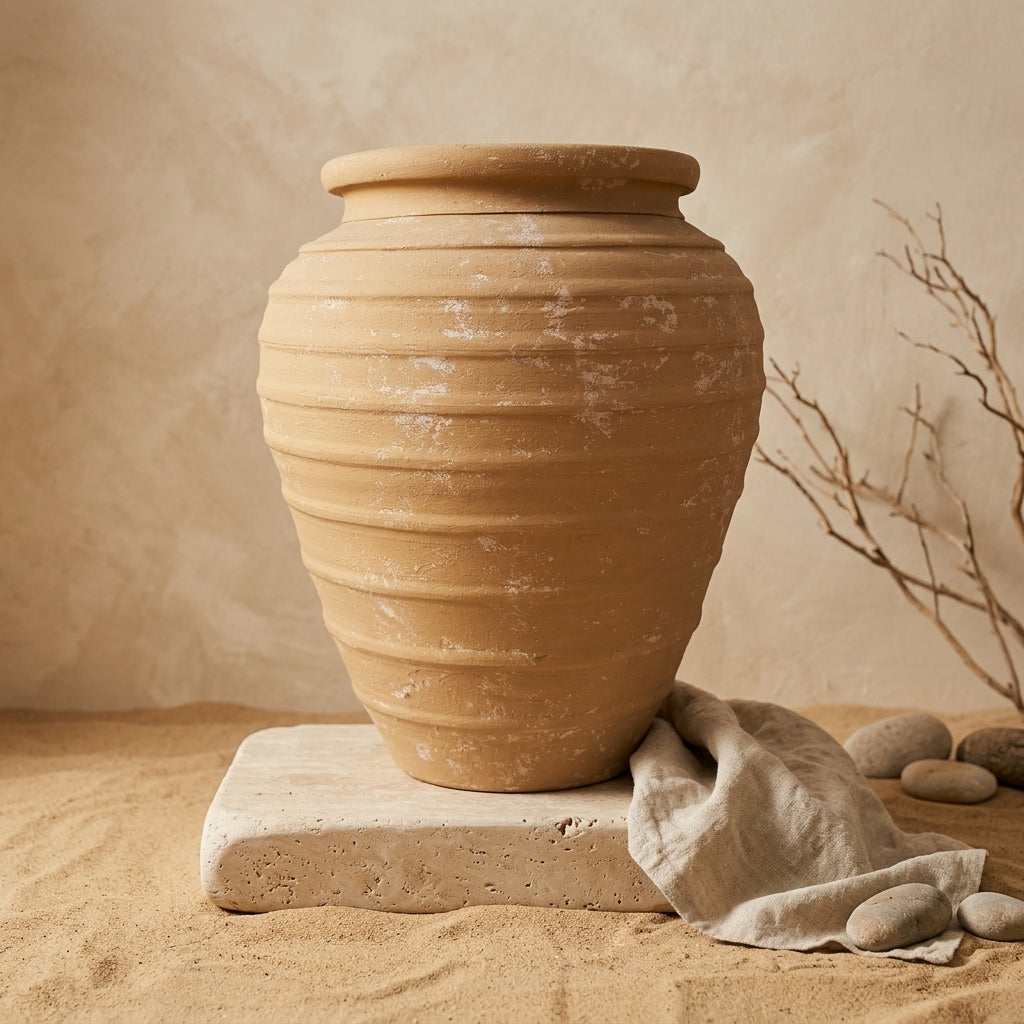Rustikale dekorative Terrakotta-Vase in Karamellfarbe mit abgerundeter Silhouette und Rillen