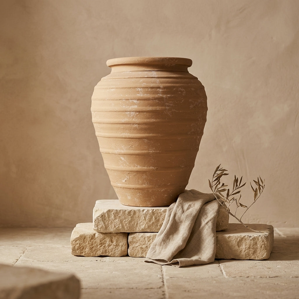 Rustikale dekorative Terrakotta-Vase in Karamellfarbe mit abgerundeter Silhouette und Rillen