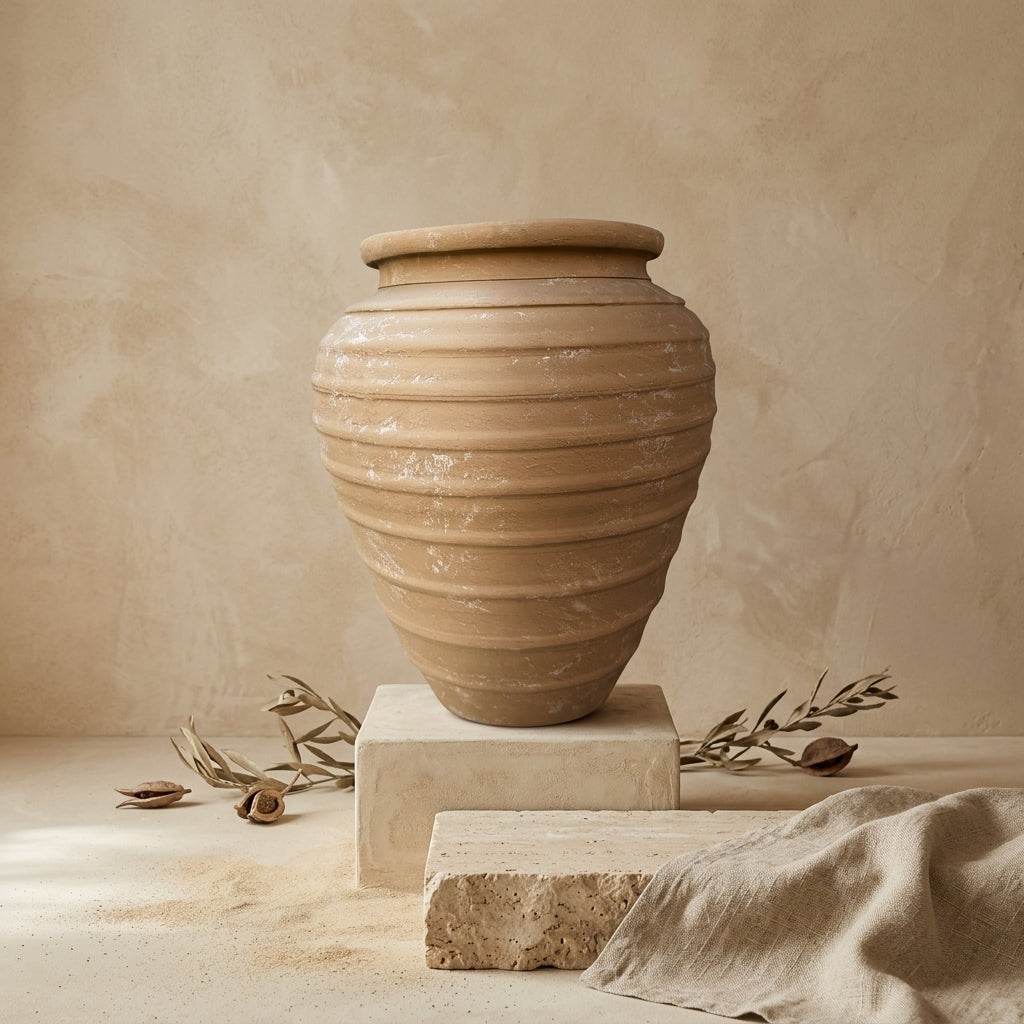 Rustikale dekorative Terrakotta-Vase in Karamellfarbe mit abgerundeter Silhouette und Rillen
