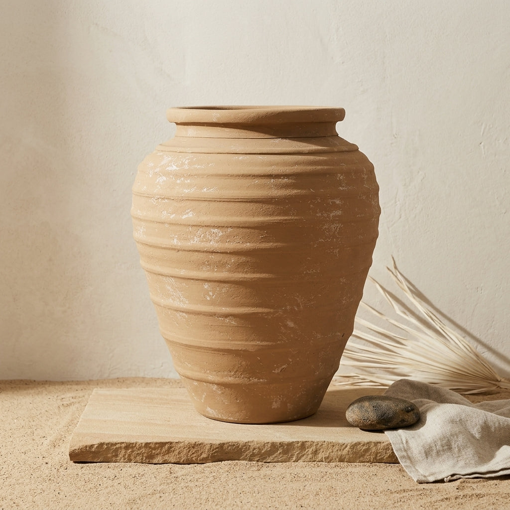 Rustikale dekorative Terrakotta-Vase in Karamellfarbe mit abgerundeter Silhouette und Rillen