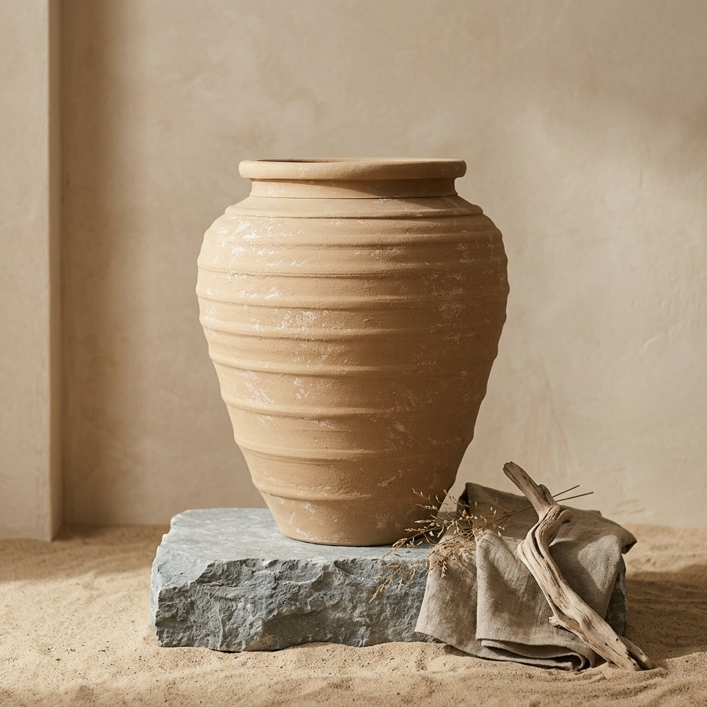 Rustikale dekorative Terrakotta-Vase in Karamellfarbe mit abgerundeter Silhouette und Rillen