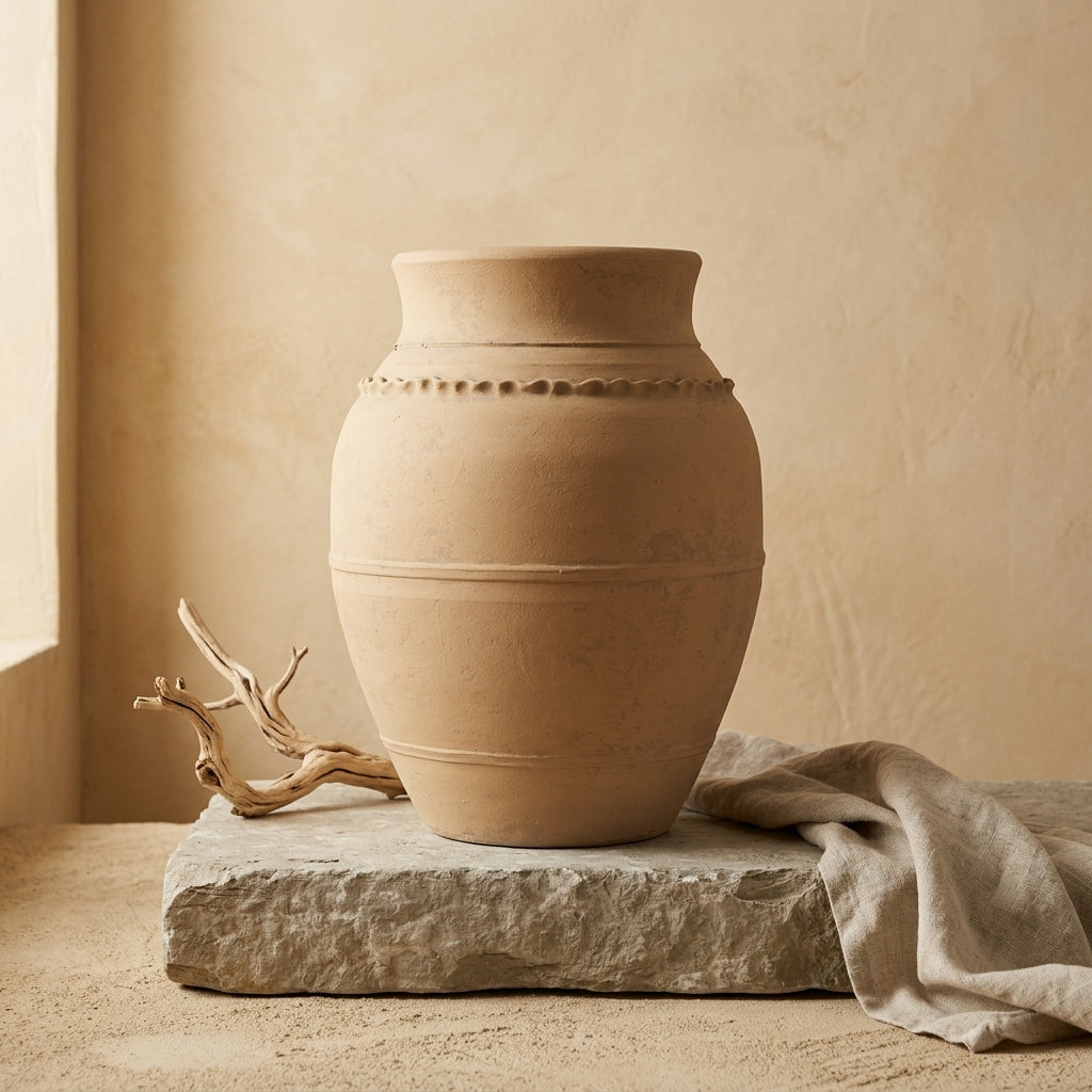 Vase décoratif en terre cuite beige naturel avec bordure en relief texturée