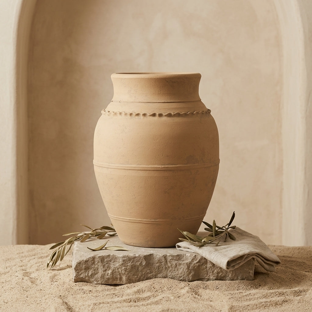 Dekorative Vase aus naturfarbenem beigem Terrakotta mit strukturiertem, erhabenem Randdetail