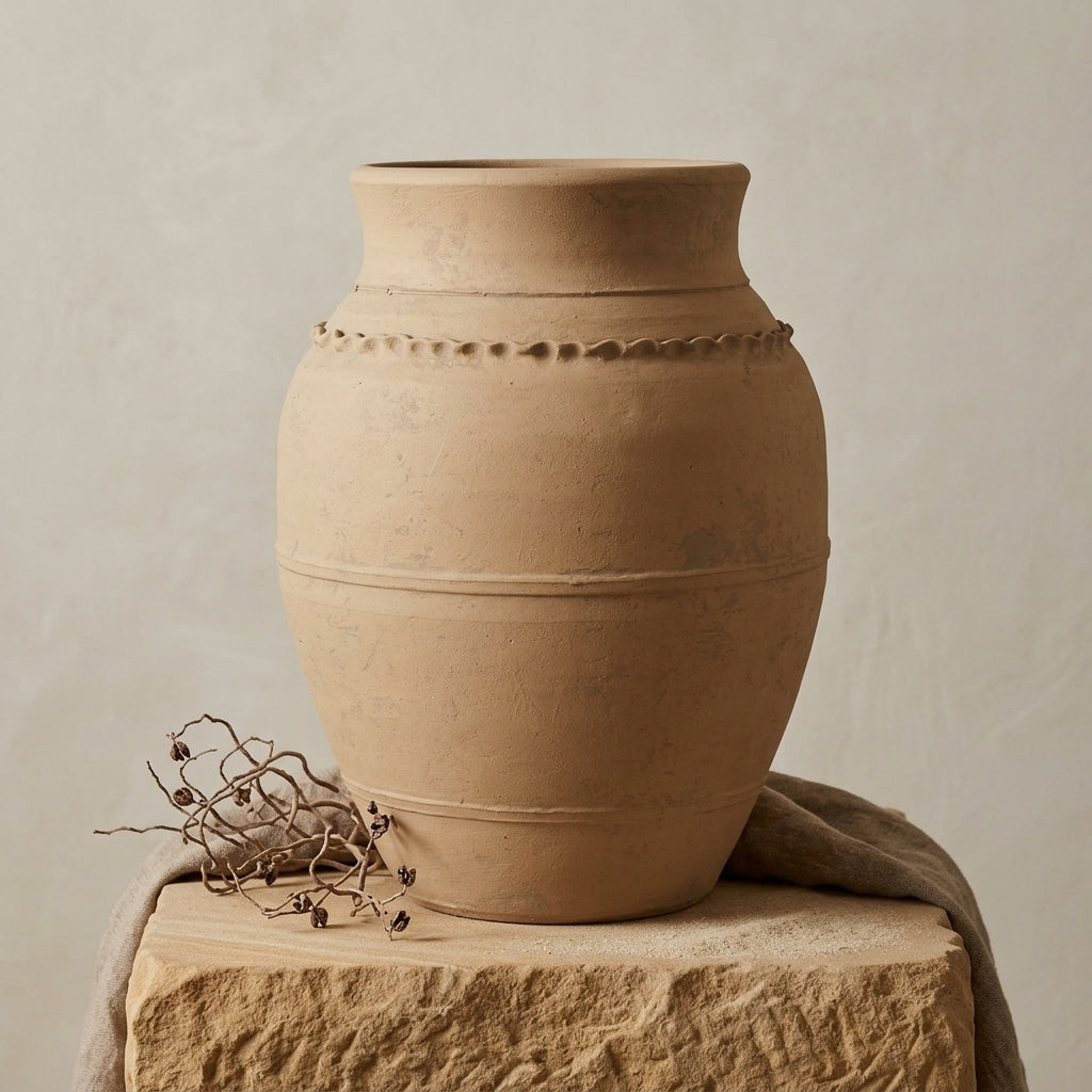 Dekorative Vase aus naturfarbenem beigem Terrakotta mit strukturiertem, erhabenem Randdetail