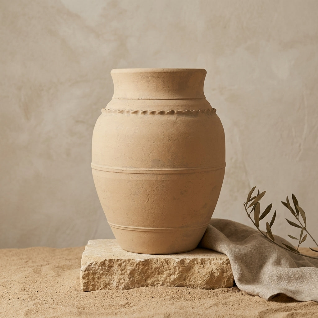 Vase décoratif en terre cuite beige naturel avec bordure en relief texturée