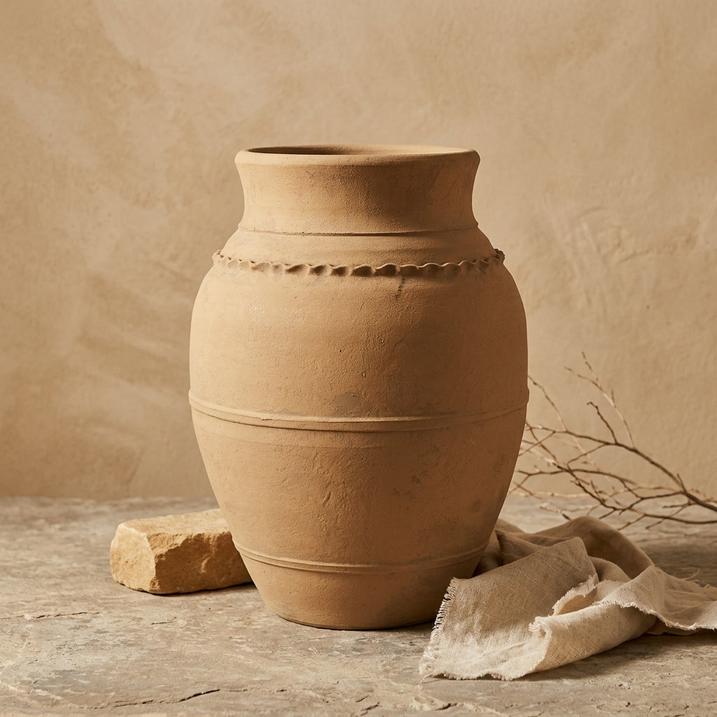 Dekorative Vase aus naturfarbenem beigem Terrakotta mit strukturiertem, erhabenem Randdetail