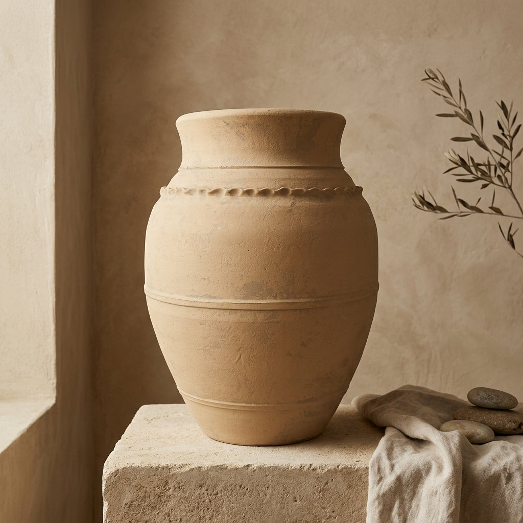 Dekorative Vase aus naturfarbenem beigem Terrakotta mit strukturiertem, erhabenem Randdetail