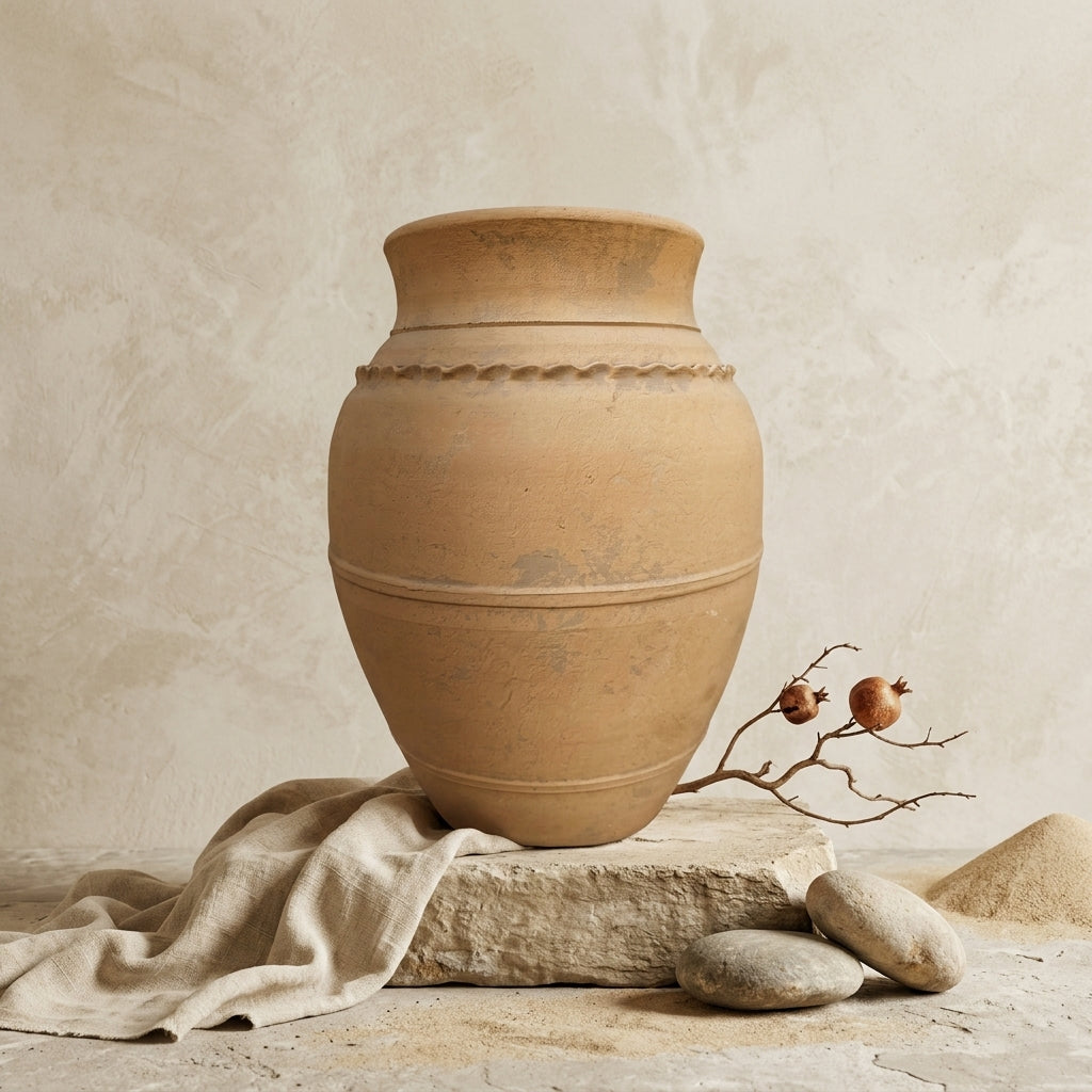 Dekorative Vase aus naturfarbenem beigem Terrakotta mit strukturiertem, erhabenem Randdetail