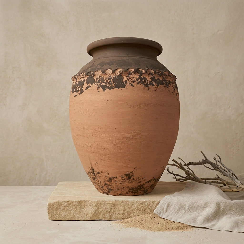 Vase décoratif rustique en terre cuite avec détails texturés vieillis brun foncé