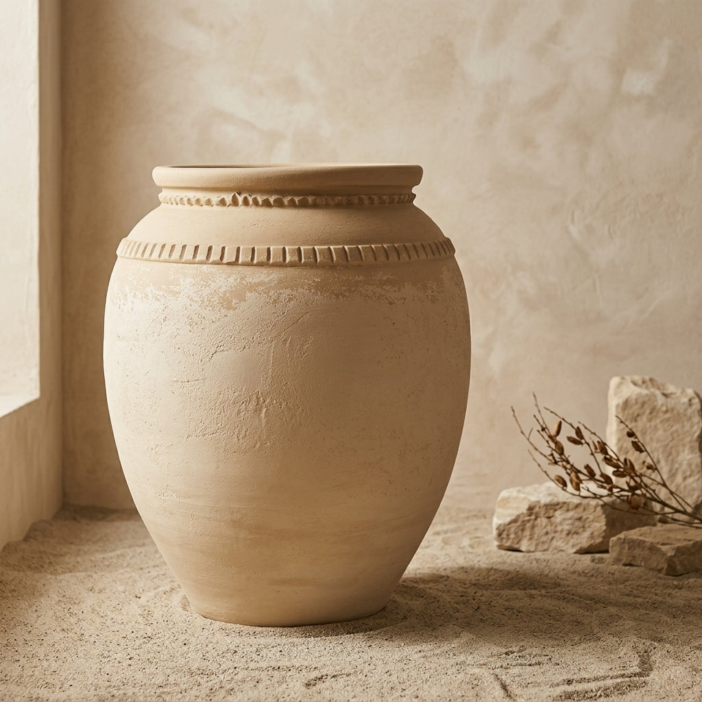 Vase en terre cuite beige sable avec finition texturée et bandes décoratives