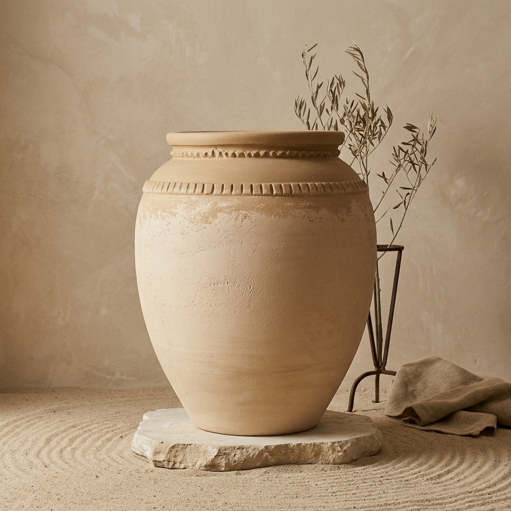 Sandbeige Terrakotta-Vase mit strukturierter Oberfläche und dekorativen Bändern