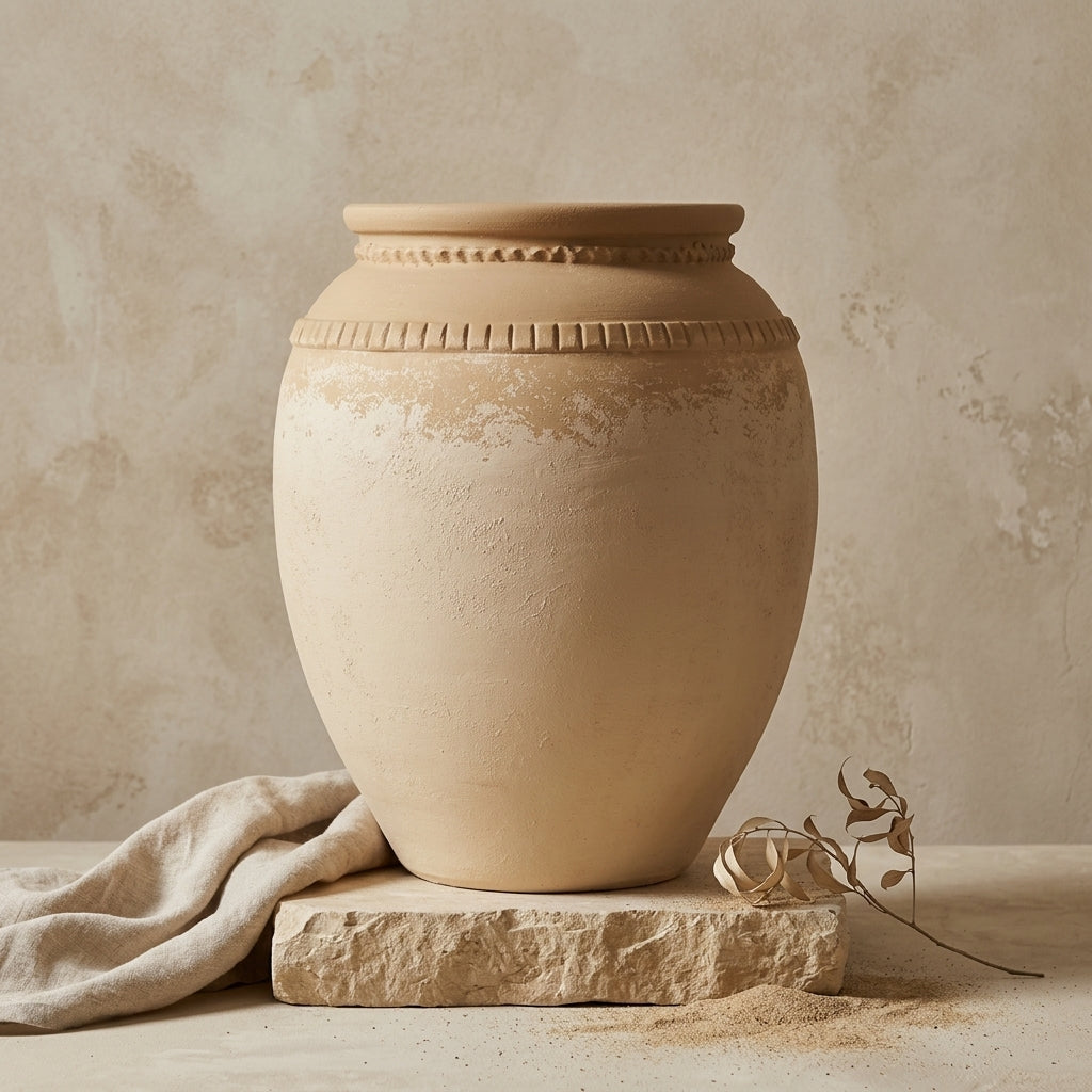 Sandbeige Terrakotta-Vase mit strukturierter Oberfläche und dekorativen Bändern