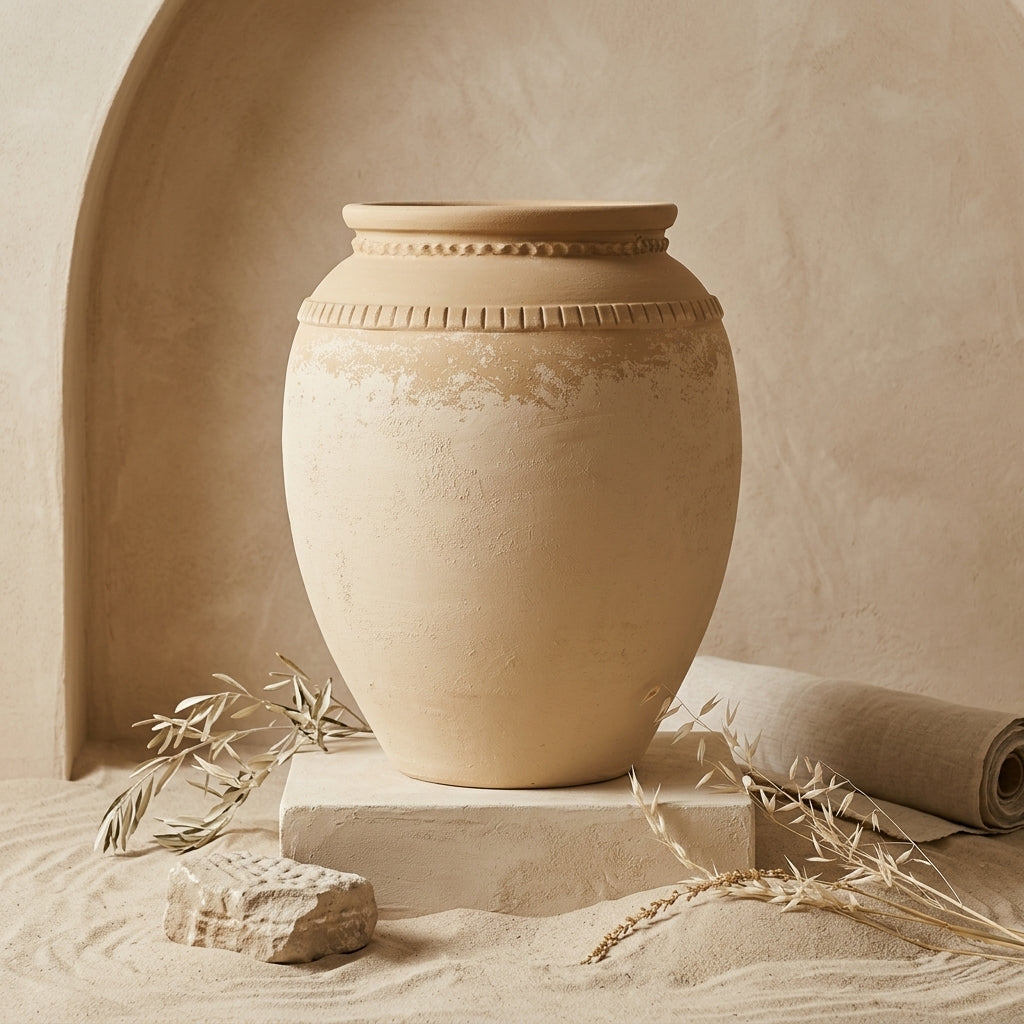 Vase en terre cuite beige sable avec finition texturée et bandes décoratives