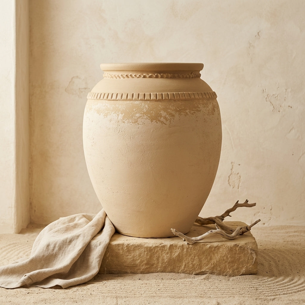 Sandbeige Terrakotta-Vase mit strukturierter Oberfläche und dekorativen Bändern