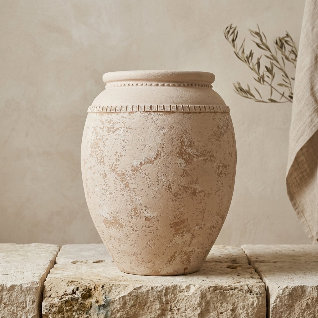 Rustikale beige Terrakotta-Vase mit strukturierter Oberfläche und dekorativem Rand
