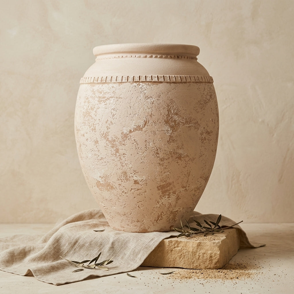 Rustikale beige Terrakotta-Vase mit strukturierter Oberfläche und dekorativem Rand