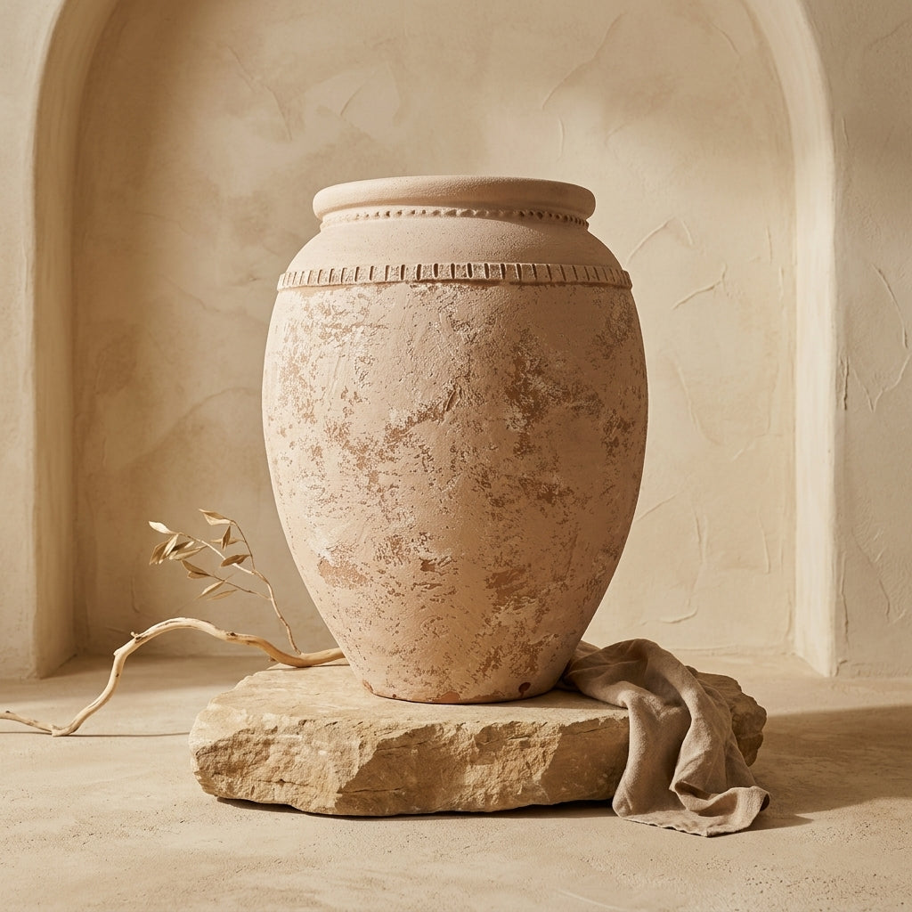 Rustikale beige Terrakotta-Vase mit strukturierter Oberfläche und dekorativem Rand