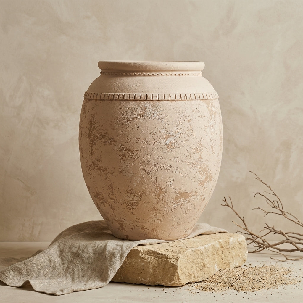 Vase rustique en terre cuite beige avec finition texturée et bord décoratif