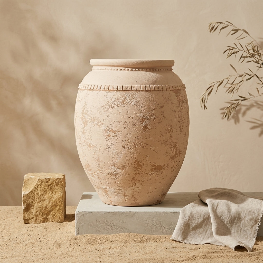 Vase rustique en terre cuite beige avec finition texturée et bord décoratif