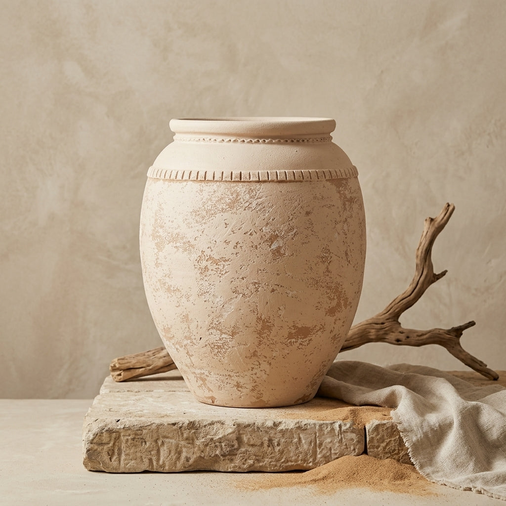 Rustikale beige Terrakotta-Vase mit strukturierter Oberfläche und dekorativem Rand
