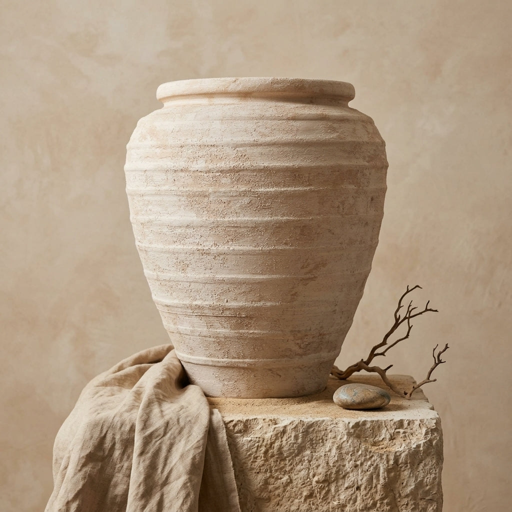 Vase rustique en terre cuite beige à silhouette arrondie et texture côtelée