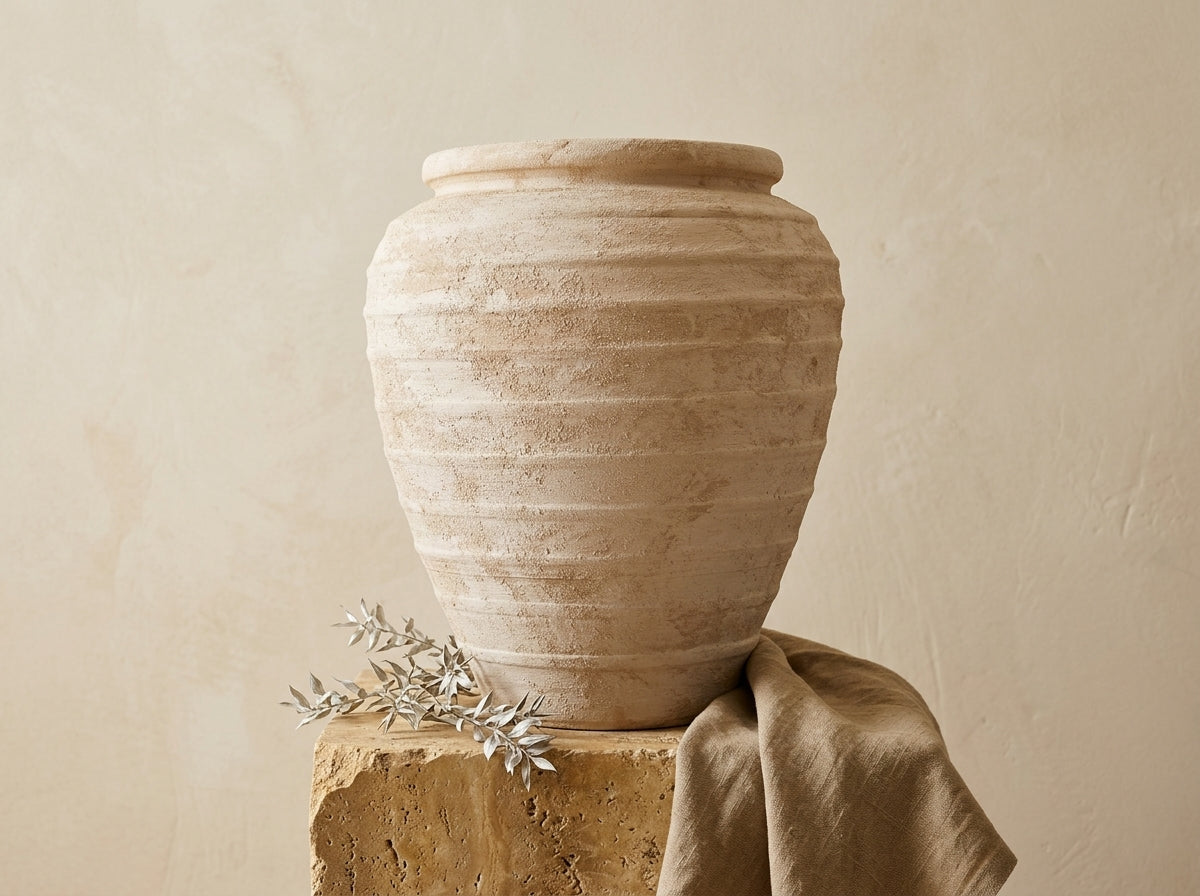 Vase rustique en terre cuite beige à silhouette arrondie et texture côtelée