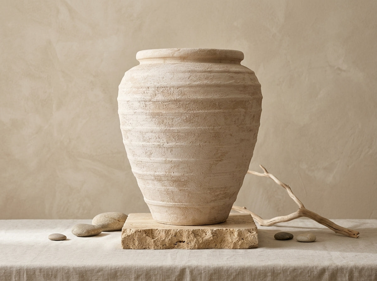 Vase rustique en terre cuite beige à silhouette arrondie et texture côtelée