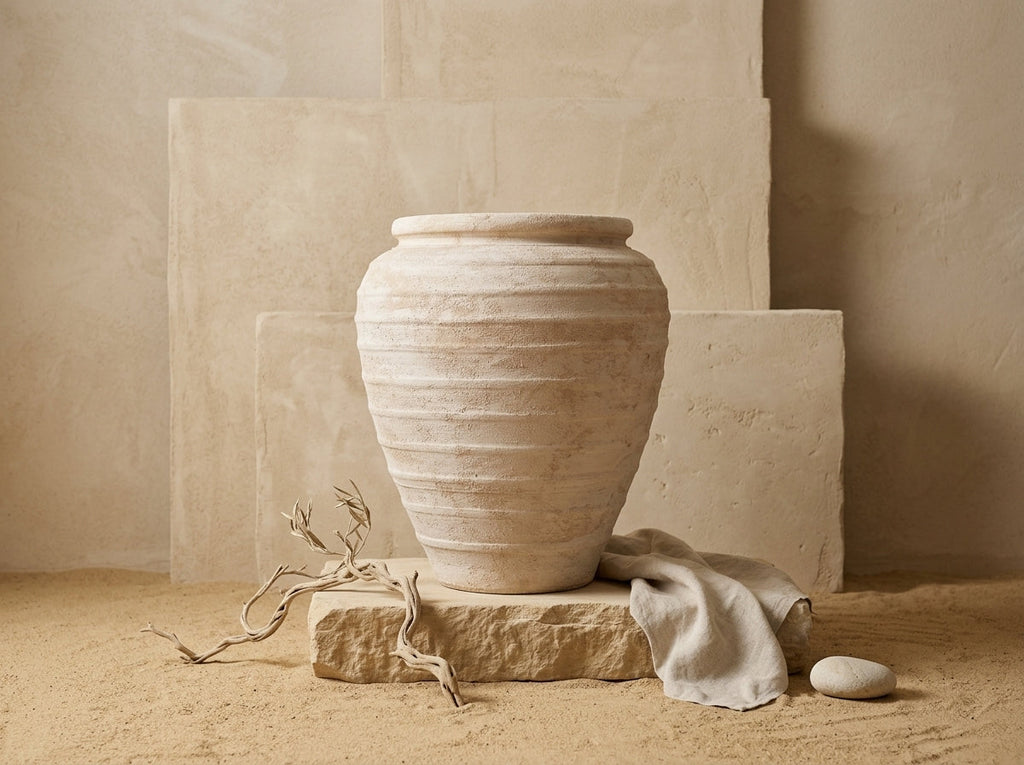 Rustieke beige terracotta vaas met afgeronde silhouet en geribbelde textuur