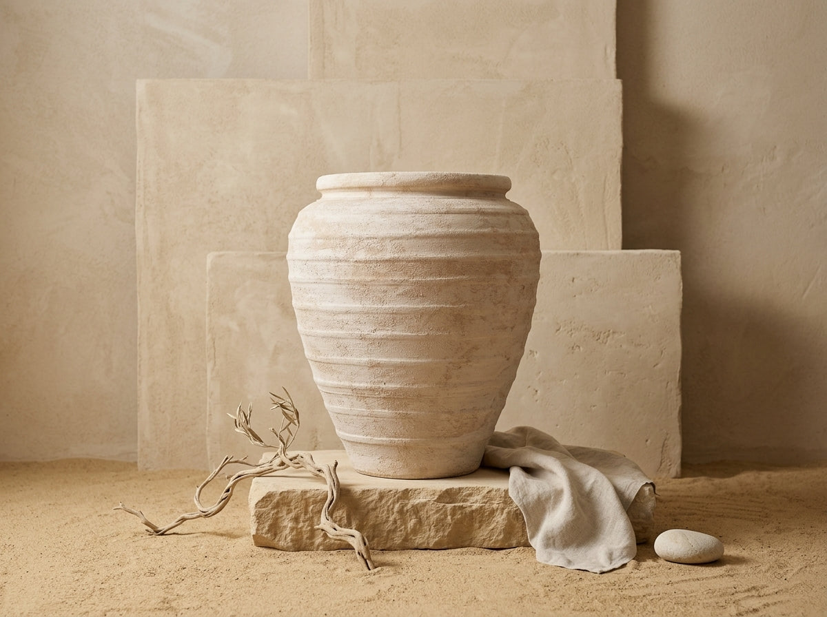 Vase rustique en terre cuite beige à silhouette arrondie et texture côtelée