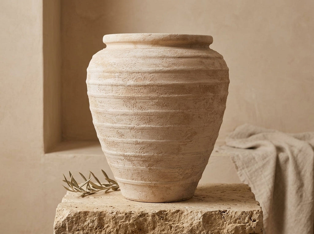 Rustieke beige terracotta vaas met afgeronde silhouet en geribbelde textuur