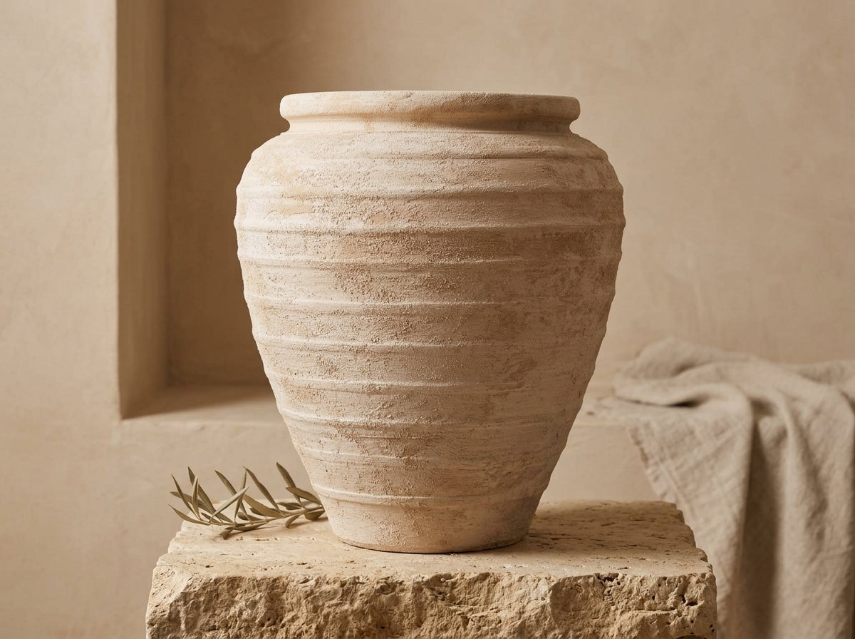 Vase rustique en terre cuite beige à silhouette arrondie et texture côtelée