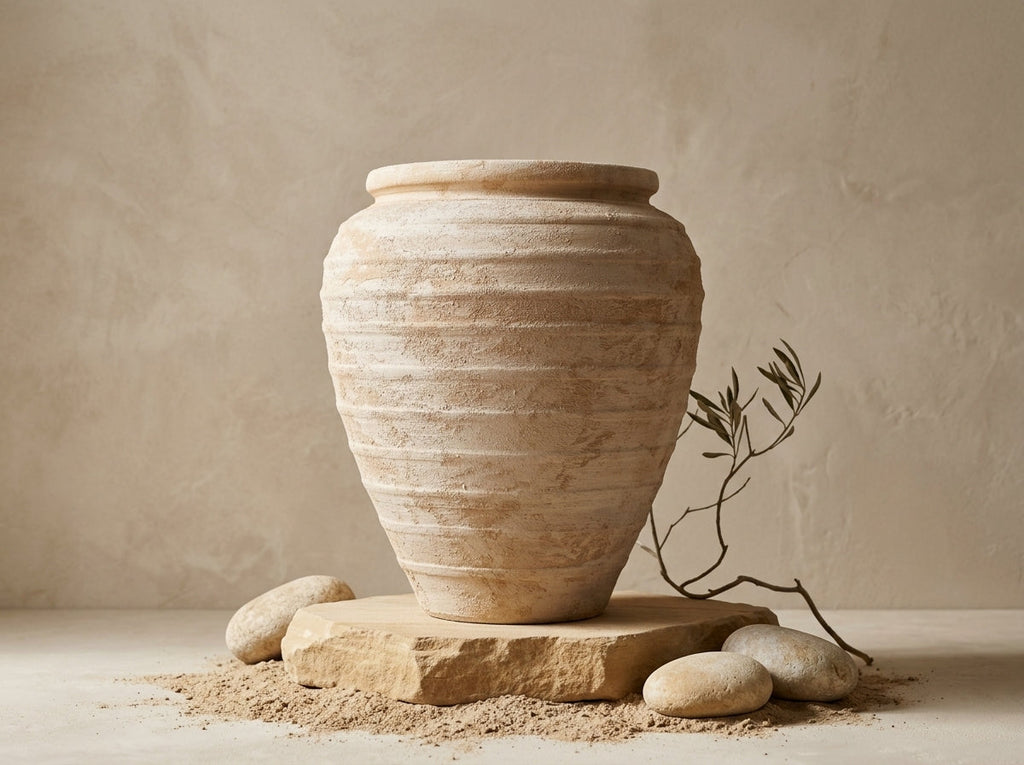 Rustieke beige terracotta vaas met afgeronde silhouet en geribbelde textuur