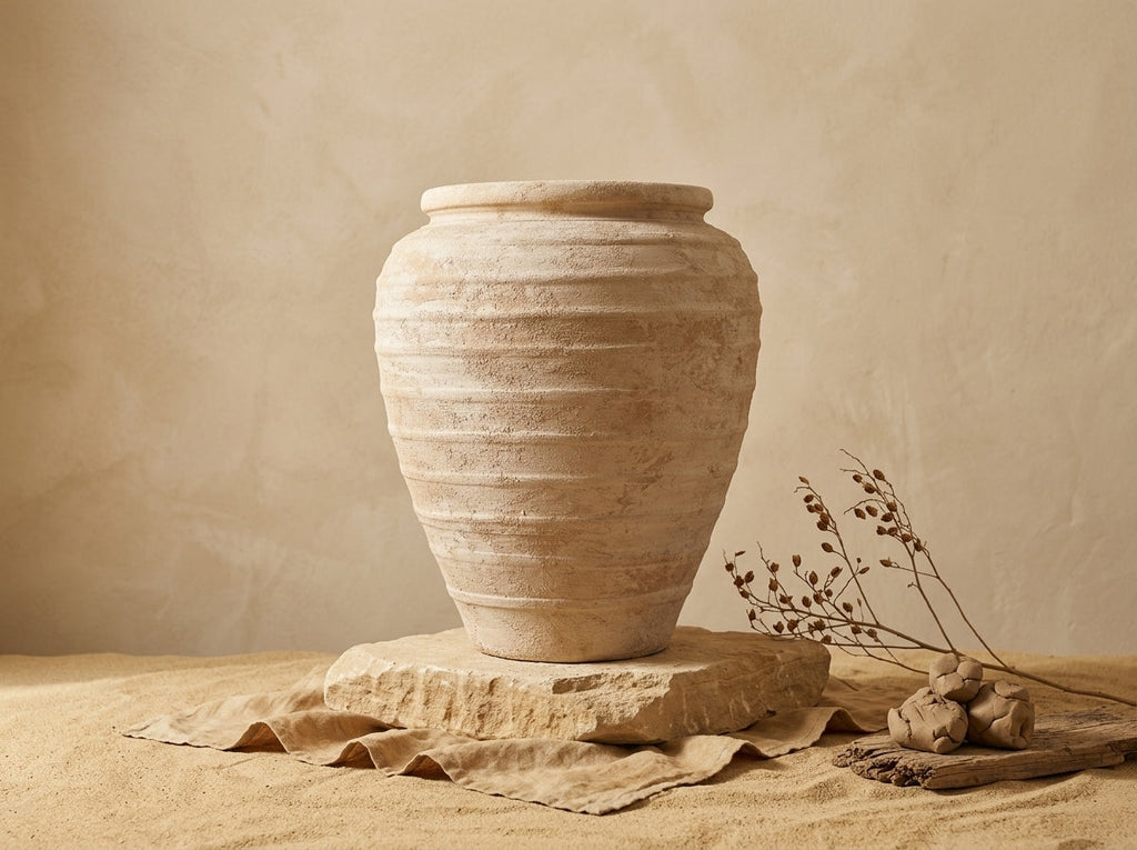 Rustieke beige terracotta vaas met afgeronde silhouet en geribbelde textuur