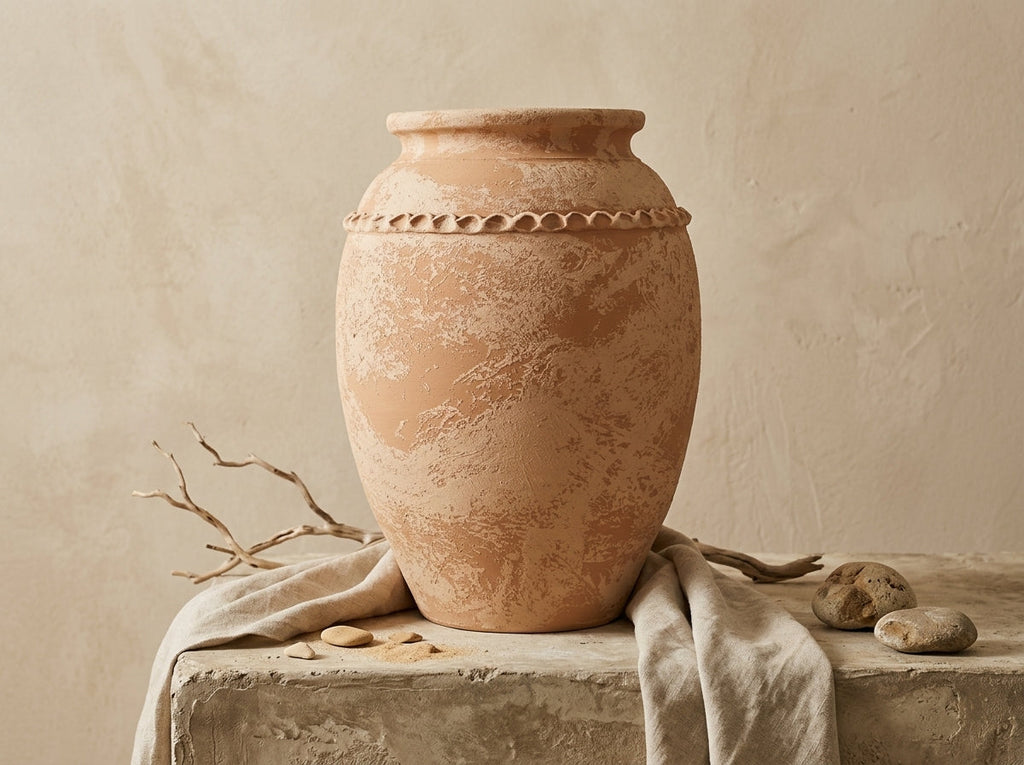 Vase rustique en terre cuite beige avec finition texturée et relief décoratif