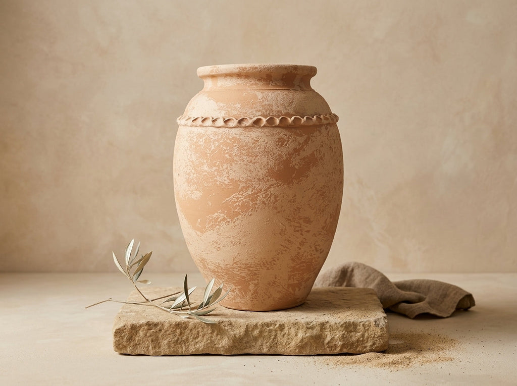 Vase rustique en terre cuite beige avec finition texturée et relief décoratif