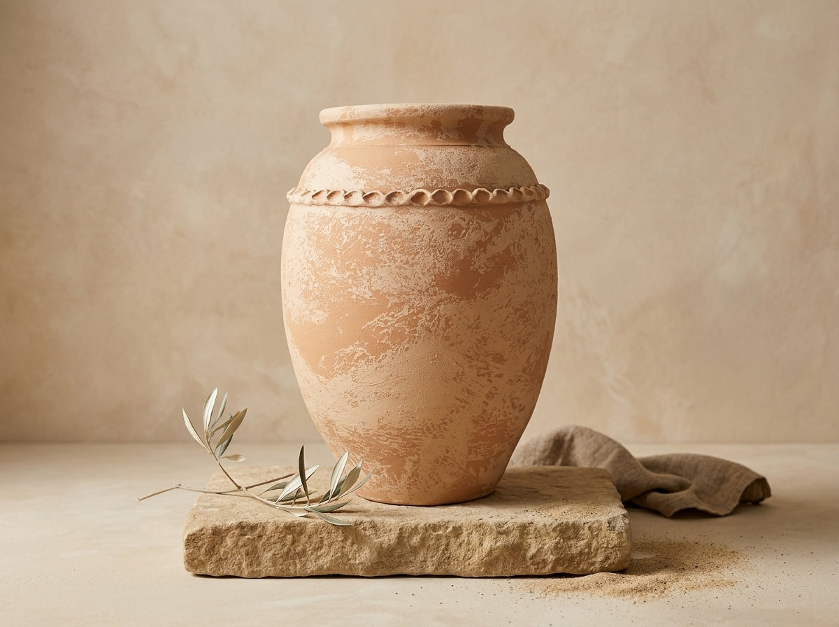 Vase rustique en terre cuite beige avec finition texturée et relief décoratif