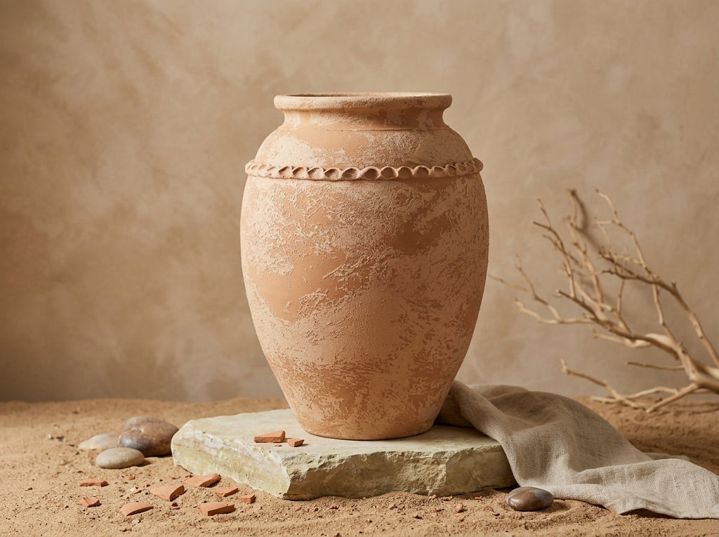 Vase rustique en terre cuite beige avec finition texturée et relief décoratif