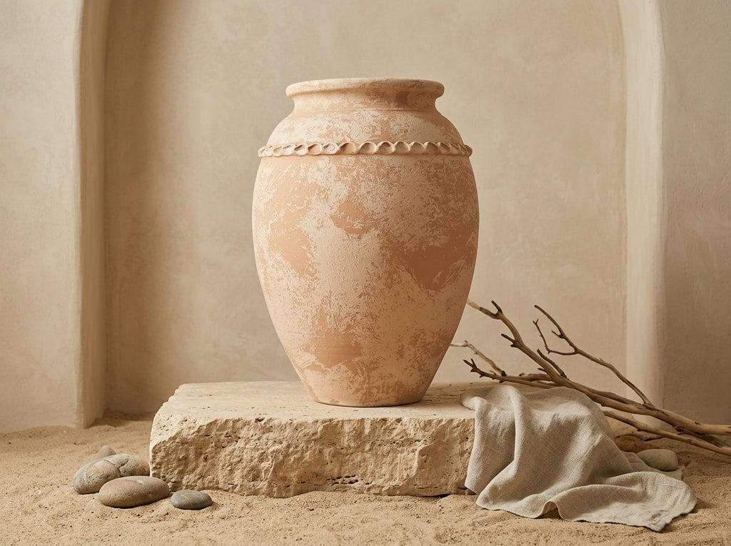 Vase rustique en terre cuite beige avec finition texturée et relief décoratif