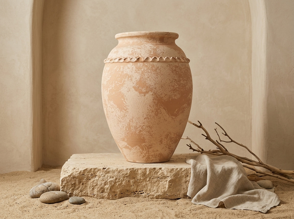 Vase rustique en terre cuite beige avec finition texturée et relief décoratif